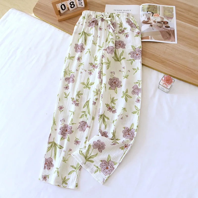 2024 Japanese New Spring/Summer Women\'s Sleeping Pants 100% Cotton Crepe Printed Pants Thin Loose Lace Home Pants Ladies