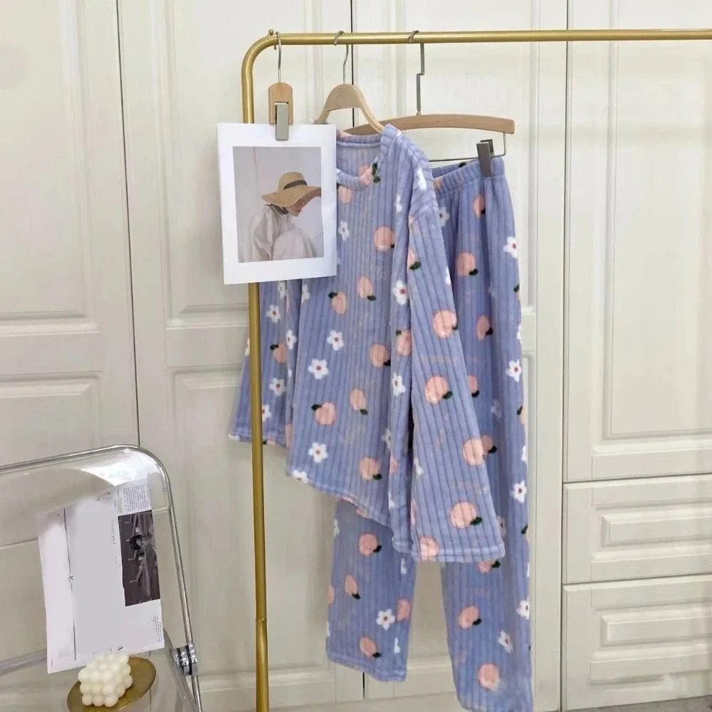 

Sweet Cute Bear Velvet Sleepwear Set Flower Long Sleeve Pajama Suit Nightwear Peach Winter Thick Warm Pajamas Female