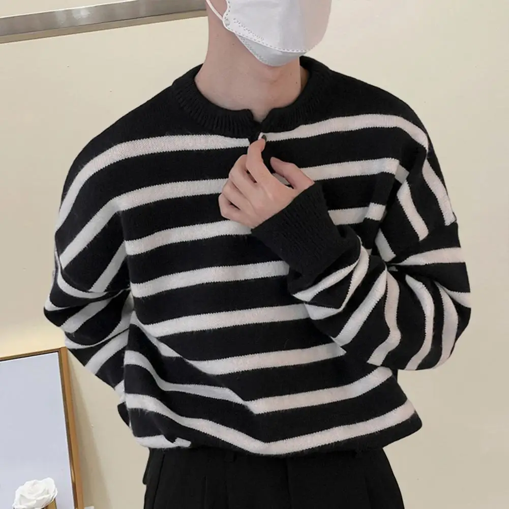 2023 Knitted Light Luxury Pullovers Sweater Men Casual Vintage Henry Collar Striped Long Sleeve Tops Streetwear Autumn