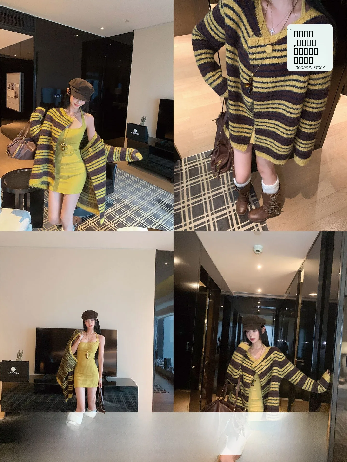 

Retro Striped Knitted Slim Fit Dr Coat for Women Autumn Winter Casual Sle Stand Edition Polyester Nylon Wool Blend Lo...