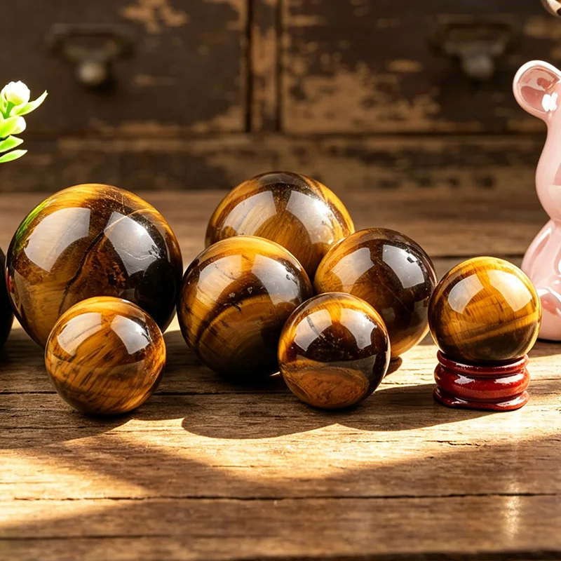 1PC Natural Tigers Eye Crystal Ball with Wooden Base Reiki Healing Stone Sphere Home Decor Ornament view 5