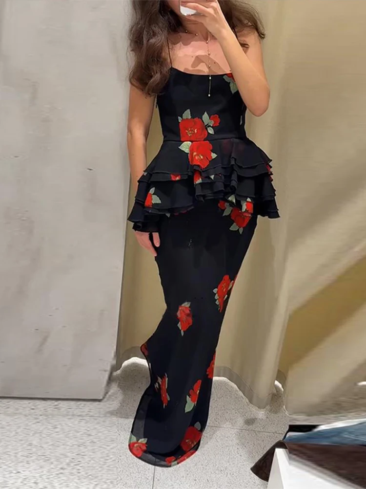

Sexy Printed Top Maxi Skirt Women's Sets Retro Sleeveless Backless Multi Layer Pleated Vest Skirts Suit Female Chic Party Suits