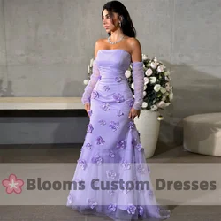 Blooms Strapless Mermaid Customized Prom Dress Lilac Floral Party Evening Gown Floor Length Tulle Long Sleeves Saudi Formal Gown