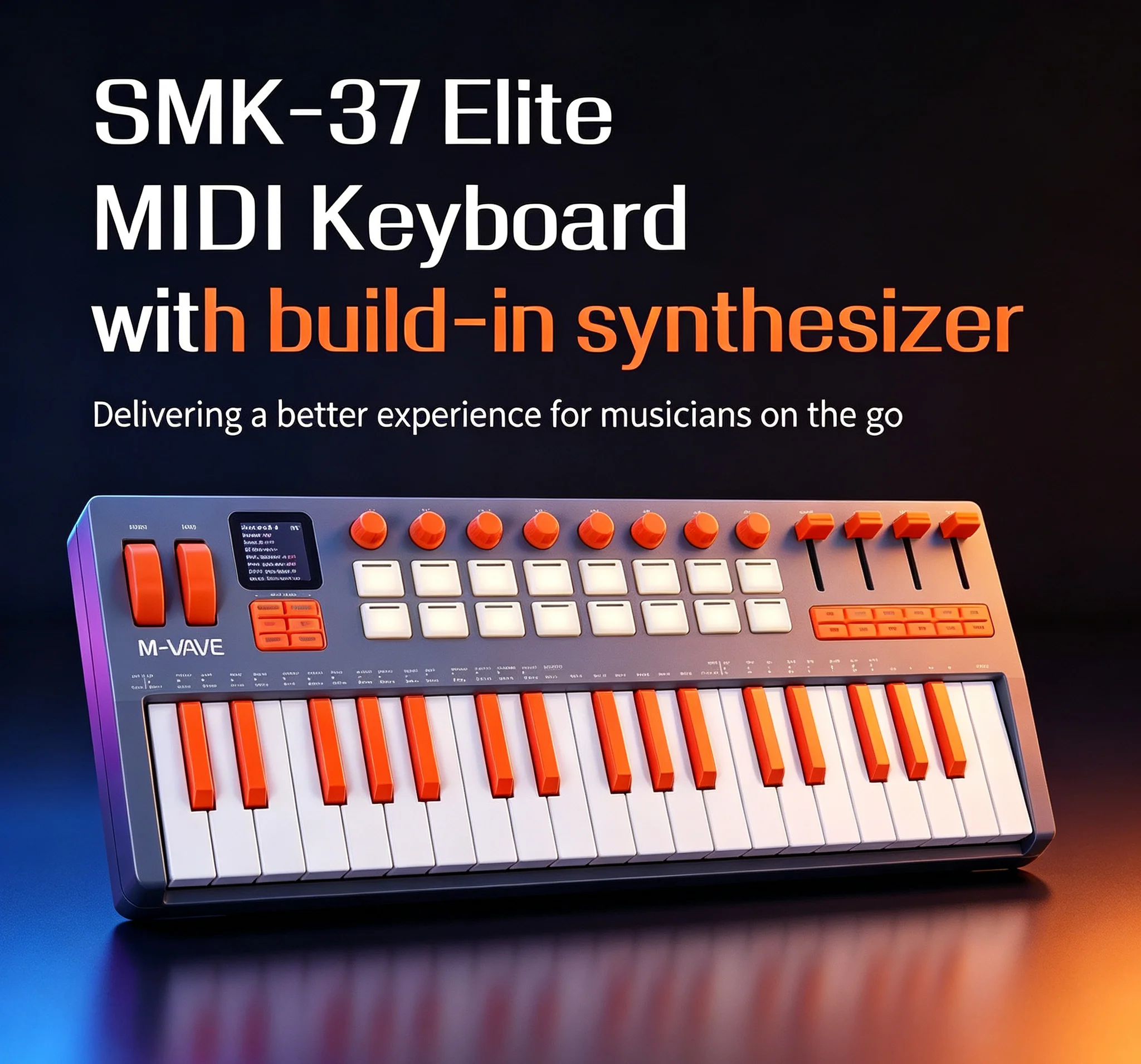 M-VAVE SMK-37 Pro 37-Key MIDI Keyboard with FM Synth 16 Drum Pads 10H Battery Portable Grey-Orange