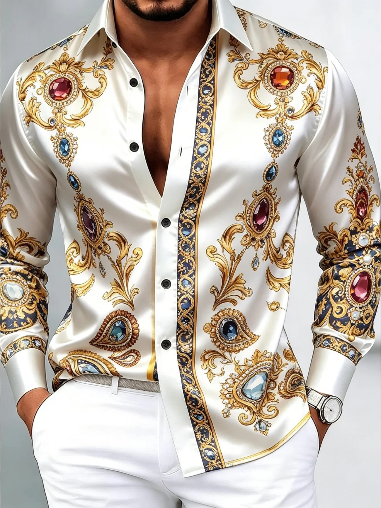 New exotic retro shirt with gilded shiny satin base, Egyptian pharaoh mural art 3D printed long sleeved shirt
