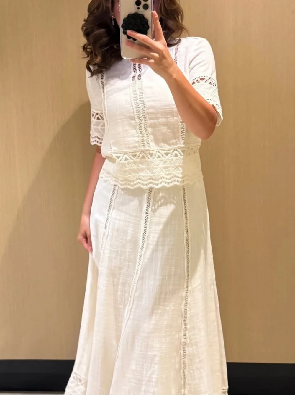 

Summer Women Elegant Crochet Detail Hollow Skirt Casual White Short Sleeve Round Neck Shirt Side Zipper White Midi Skirt Suit