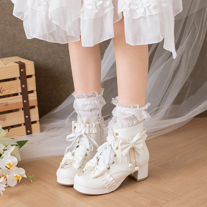 Autumn Winter Block Chunky High Heels Ankle Boots Women Black White Pink Zipper Lolita Girls Booties Office Lady Shoes 34-43