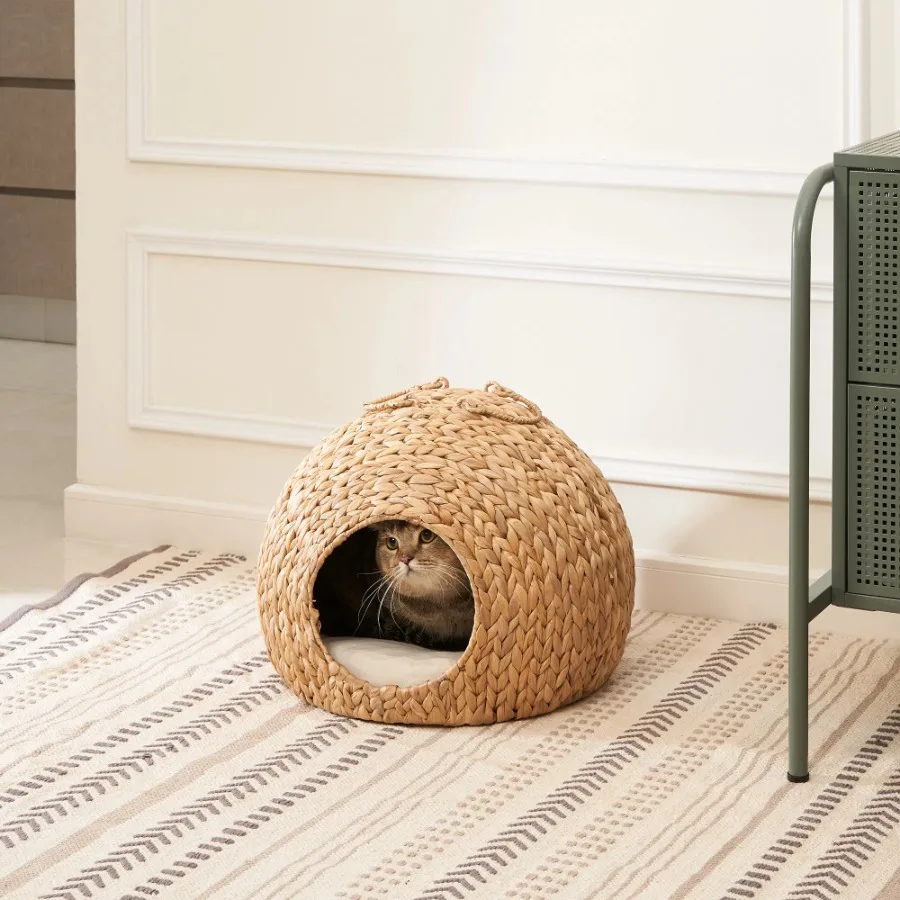 

Gertrude Water Hyacinth Woven Wicker Round Cat Bed Cave with Handles - 18 x 18 x 18 - For Any Size Cat Breeds, Chihuahua and Us