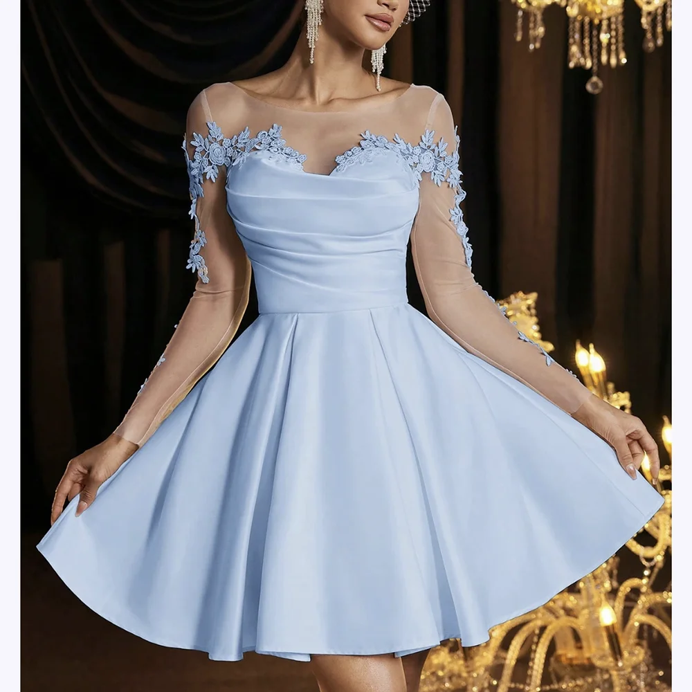 

Blue Satin Mini Prom Dresses O-Neck Full Sleeves Sexy Cocktail Dress Exquisite Appliques Evening Party Gown 2025 Customized