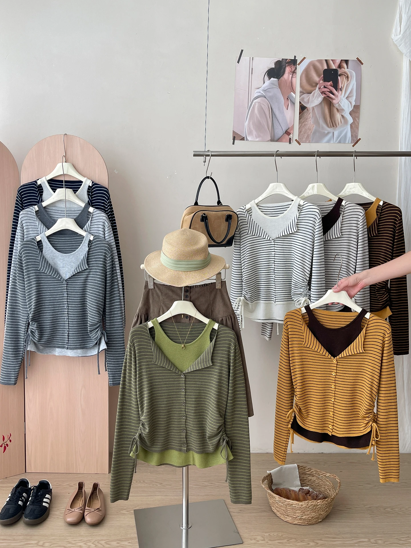 Color Block Knitted Vest Fake Two-Piece Striped Shoulder Bared Sweater Women Autumn Slimming Drawstring Waistcoat Top