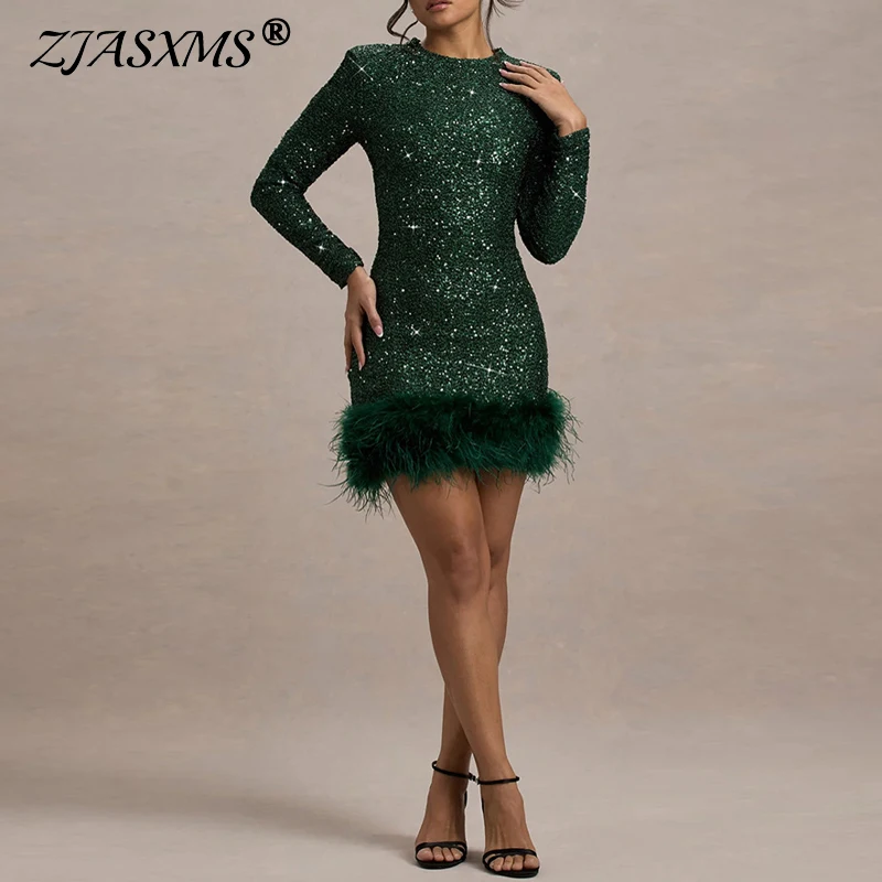 

Fall Elegant Crew Neck Sequin Dress Women Sexy Patchwork Feather Slim Party Dresses Winter Long Sleeve Zipper Bodycon Mini Dress