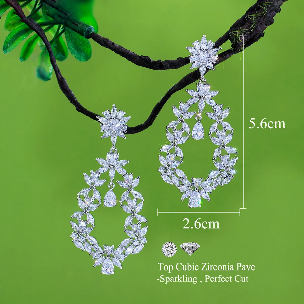 CWWZircons Fancy Sparkling Cubic Zirconia Setting Long Flower Drop Big Size Earring for Women Vintage Design Party Jewelry E0030
