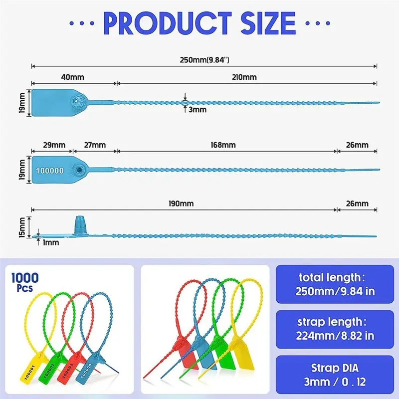 L63A 1000 Pcs Plastic Tamper Seals Tags Security Tags Seals Safety Numbered Zip Ties Labels (Multicolor)