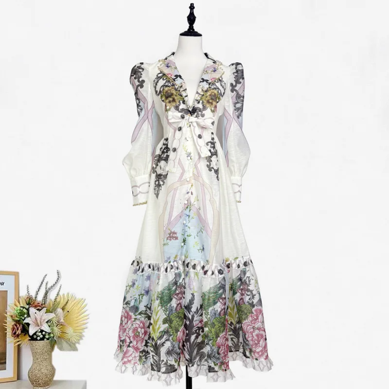 Olśniewający garnitur w kwiatowy wzór z kołnierzykiem, długa spódnica maxi, zdobiona koronką midi, elegancka sukienka Vaion, długa, cienka tkanina.