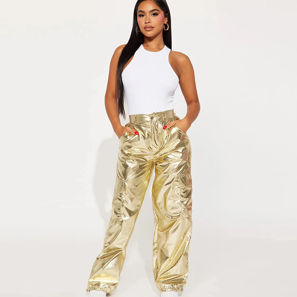 Shiny Christmas Special Bright Color Elastic Zipper Cuffed Casual Pants Women's New Arrival 9598PD Polyester Fiber mid Stretch