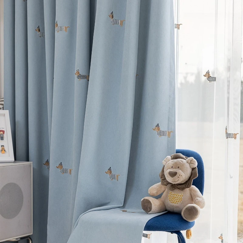 New Chenille High Blackout Cartoon Boy Embroidered Dachshund Curtains Children's Room Curtains for Living Dining Room Bedroom