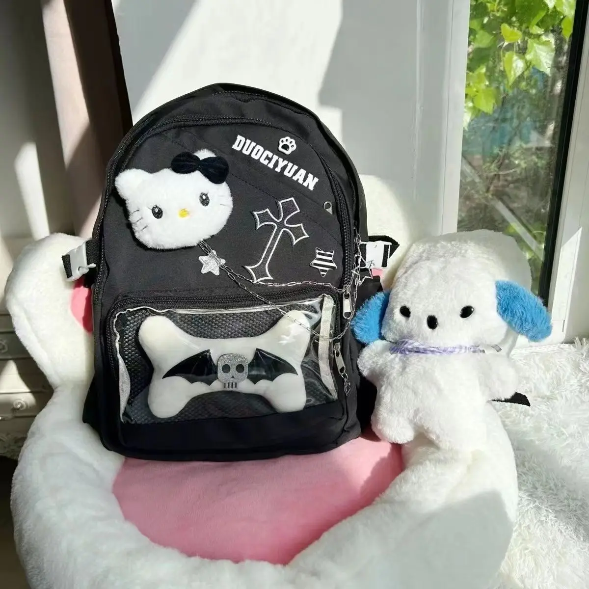 Xiuya Hello Kitty Womens Backpack Y2k Gothic Nylon Chain Cute College Style Casual Backpacks Kawaii Cross Transparent School Bag