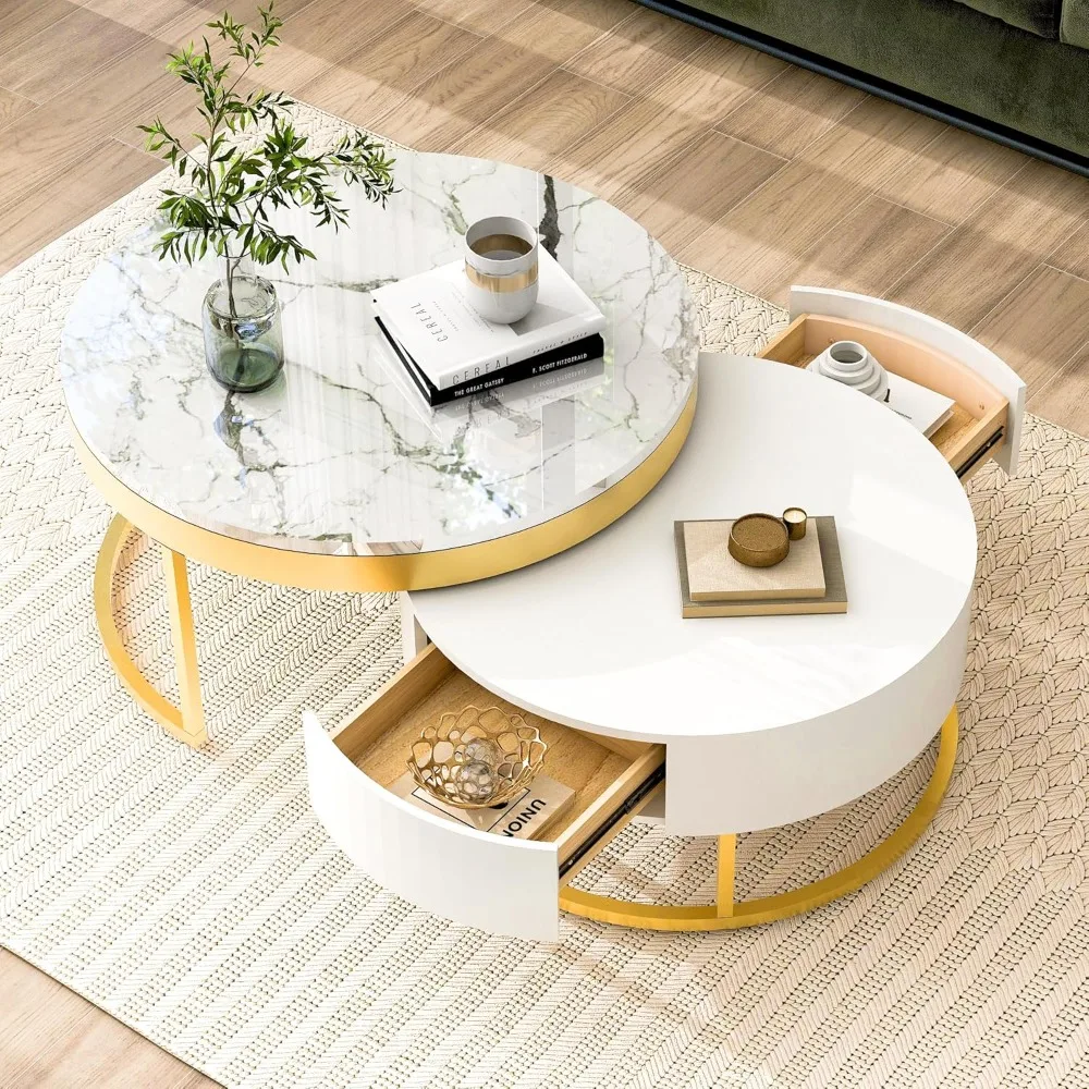 Modern Round Nesting Coffee Table with Drawers for Living Room in White