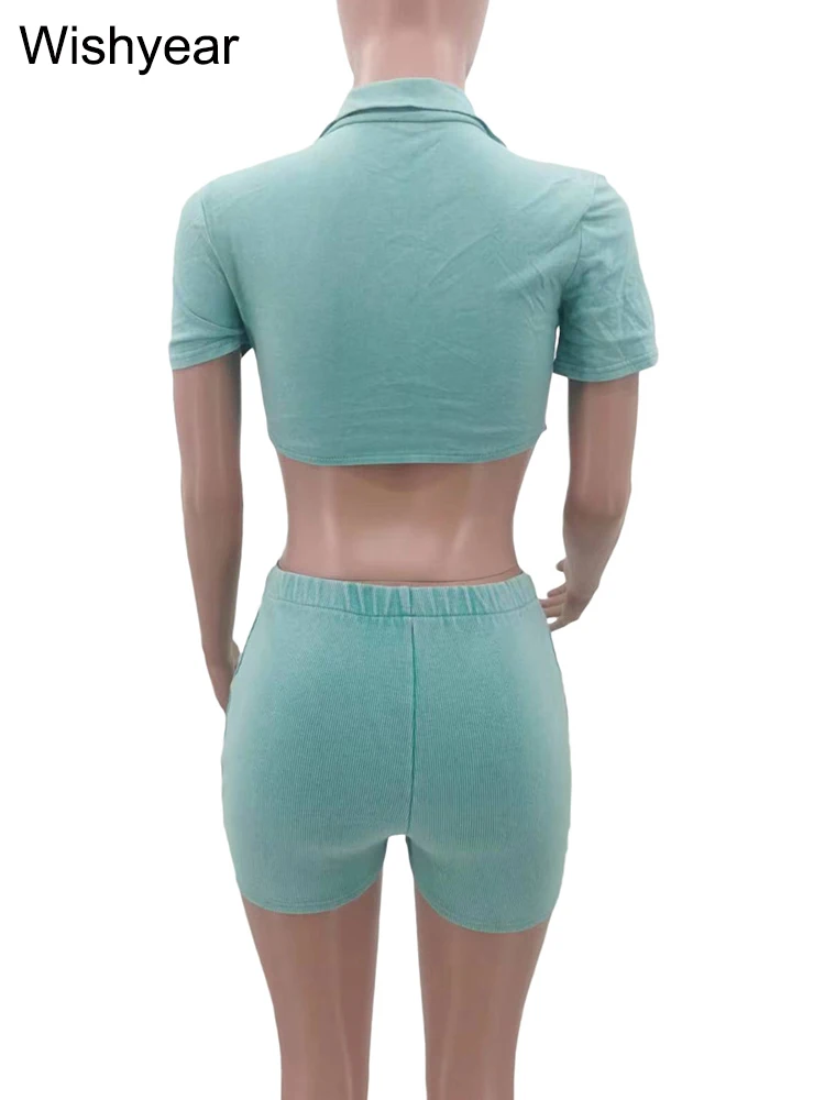 Summer Green Two 2 Pieces Women‘s Set Lapel Collar Short Sleeve Crop Top and Shorts Beach Club  Outfits Fitness Slim Sportswear