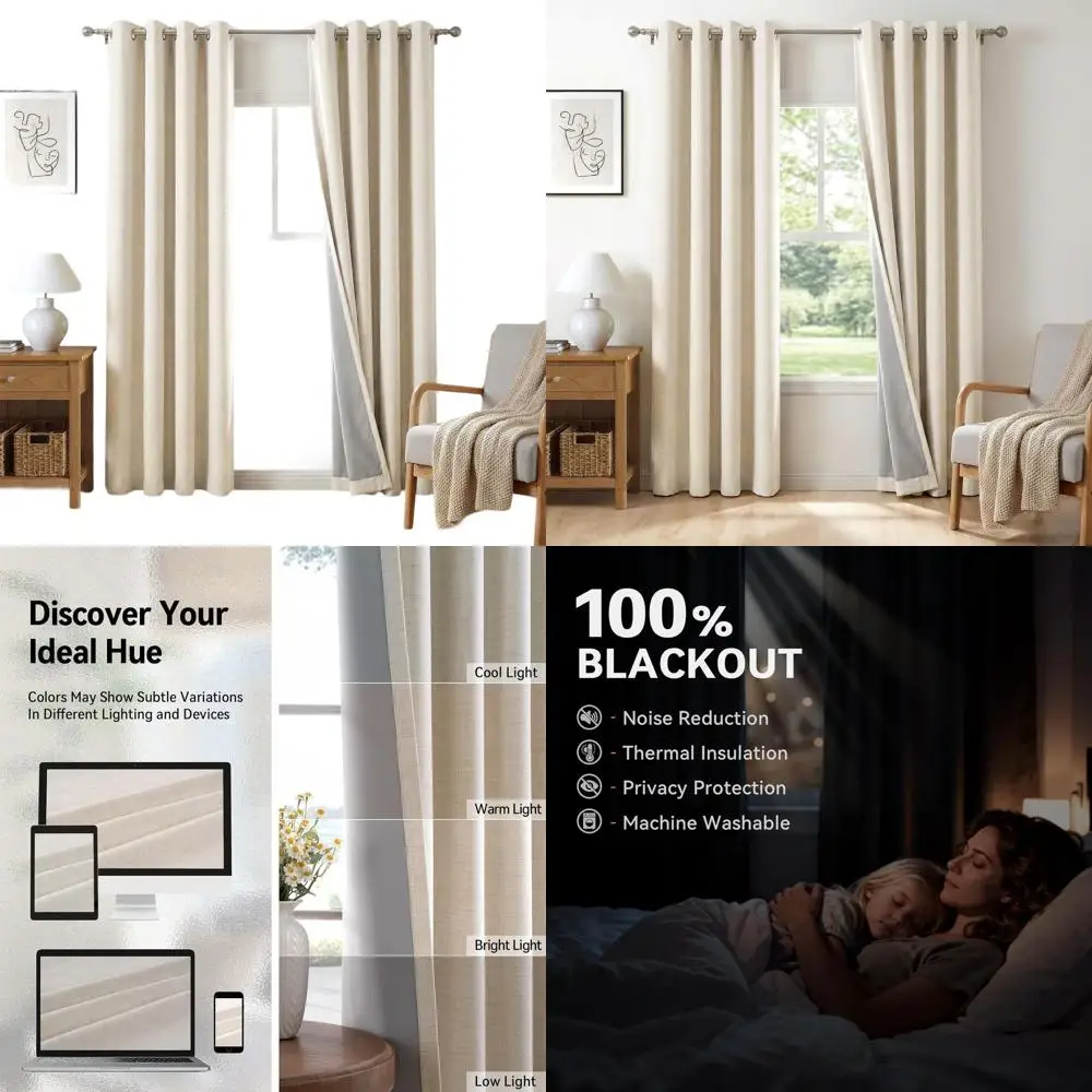 

Blackout Linen Curtains for Bedroom, Cream Grommet Panels for Living, Insulated Darkening Drapes for Nursery, Fall Decor, 50x108