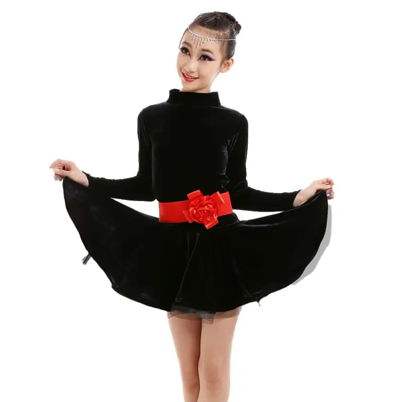 Children Girls Velvet Latin Dance Dress Long Sleeve Professional Competition Cha Cha Tango Salsa Dancing Costume 4-12 Years