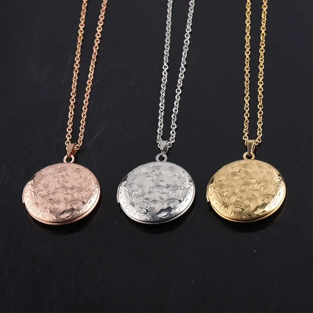 Round Necklaces Flower Carving Mirror Polish Photo Picture Locket Jewelry Gift Stainless Steel Photo Frames Pendant For Women