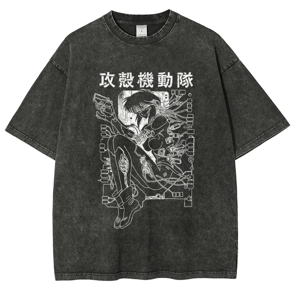 Ghost In The Shell Neon Green Cyber Character Print T-shirt Washed Oversized Cotton Casual Streetwear Tee For Vintage Anime Fans view 3