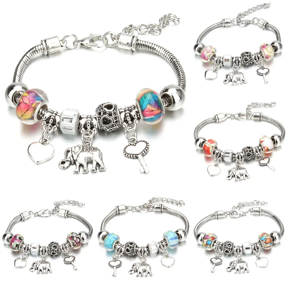 Antique Original Elephant Key Lock Shape 6 Colors Charm Bracelets for Women Glass Beads Bracelet & Bangle DIY Jewelry Gifts