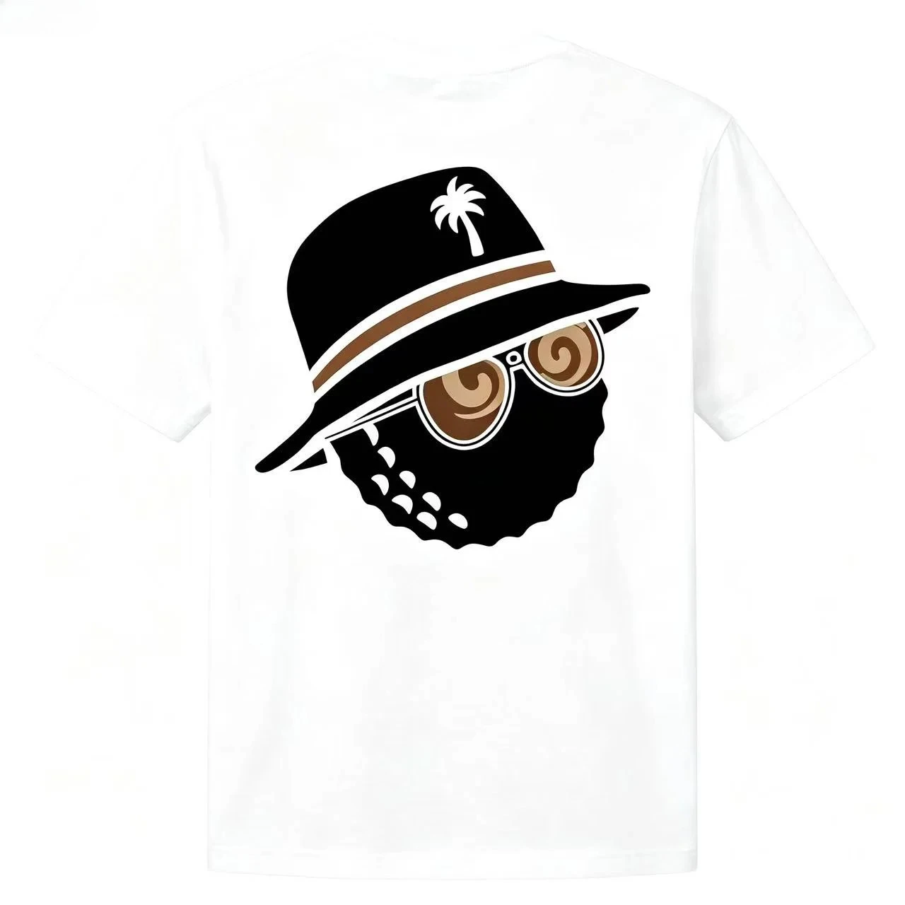 Neutral fashion pattern T-shirt with bucket cap and sunglasses print perfect for summer wear versatile for both men and women