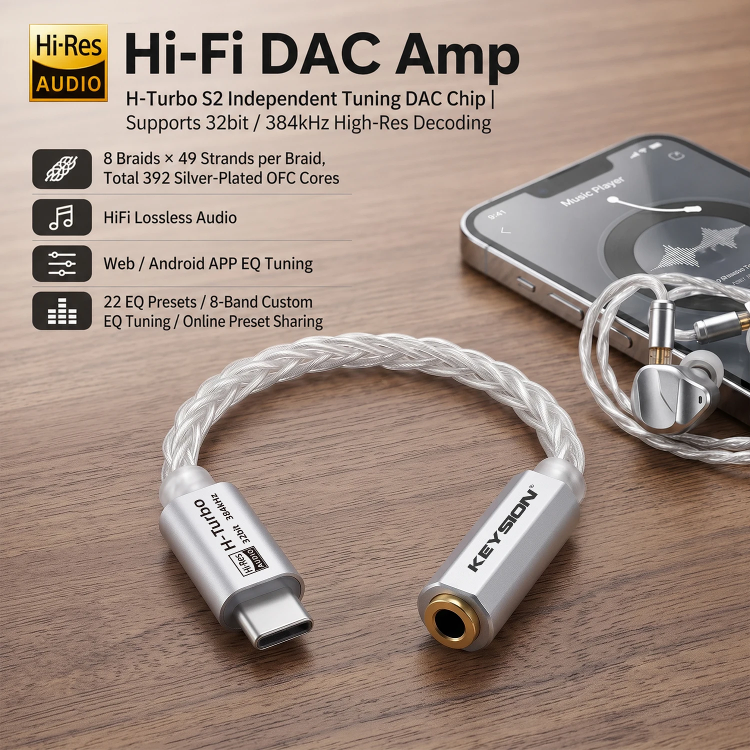 KEYSION Portable USB C Type-C to 3.5mm DAC Amplifier 32bit/384kHz HiFi Audio Decoder Adjust EQ HD Recording Headphone Adapter