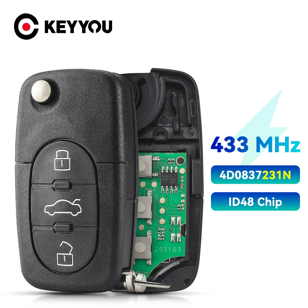 KEYYOU 2x 4D0837231N For Audi A4 A6 A8 Quattro TT RS4 3 Buttons Flip Remote Key Fob 4D0 837 231 N 433Mhz ID48 Chip