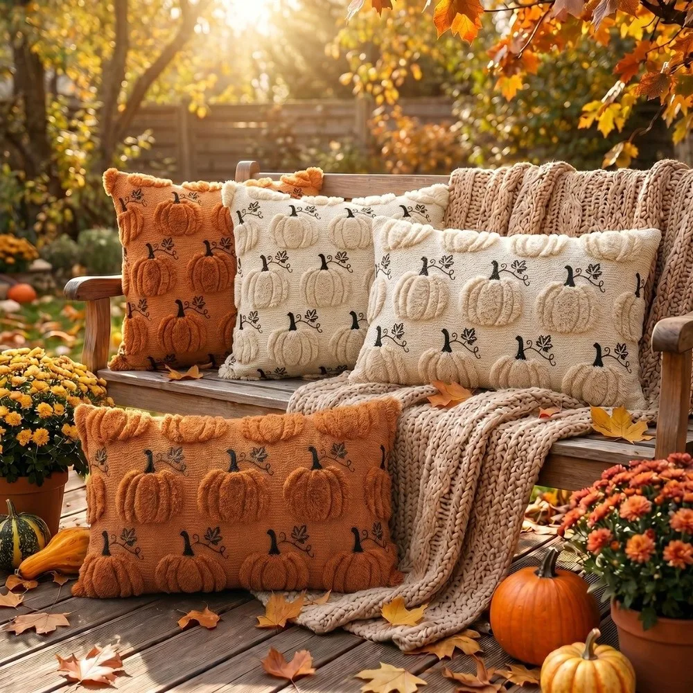 New Halloween Style Throw Pillow Cover Pumpkin Tufted 45x45 40x40 Cushion Cover Embroidered Plushie Pillow Case Fall Decor