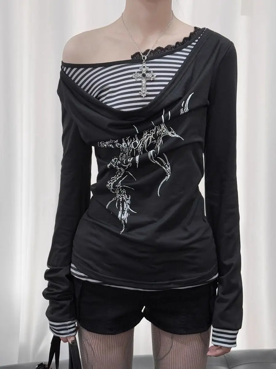 

Subculture Y2k Spicy Girl Streetwear Lace Trim Striped Patchwork Slim Fitting T-shirts Long Sleeves Tops 2 In 1 Women Clothing