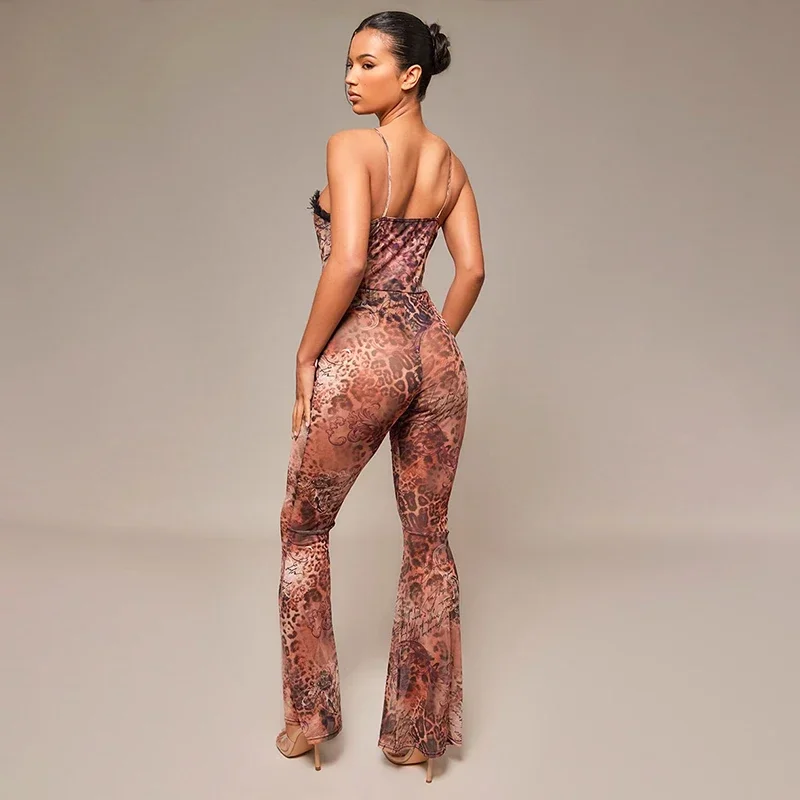 Bwq Sexy Vrouwen Jumpsuits Met Luipaardprint, Uitgeholde Skinny Mouwloze Kanten Ruches, Laag Uitgesneden Jumpsuit Feestkleding 2024