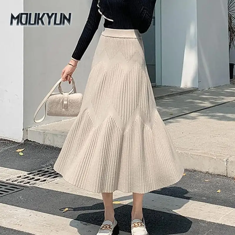 

Thicking Knitted Long Skirts Women Autumn Winter High Waist Umbrella Skater Faldas Female Korean Fashion Cotton Skirts