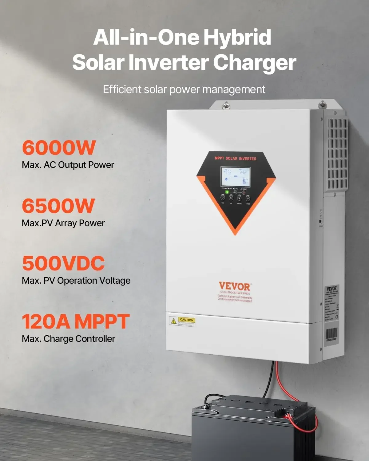 Hybrid Solar Inverter, 6000W, All in One Pure Sine Wave Power Inverter Charger, 48V DC to Single-Phase 220/230V AC, with 120A MP