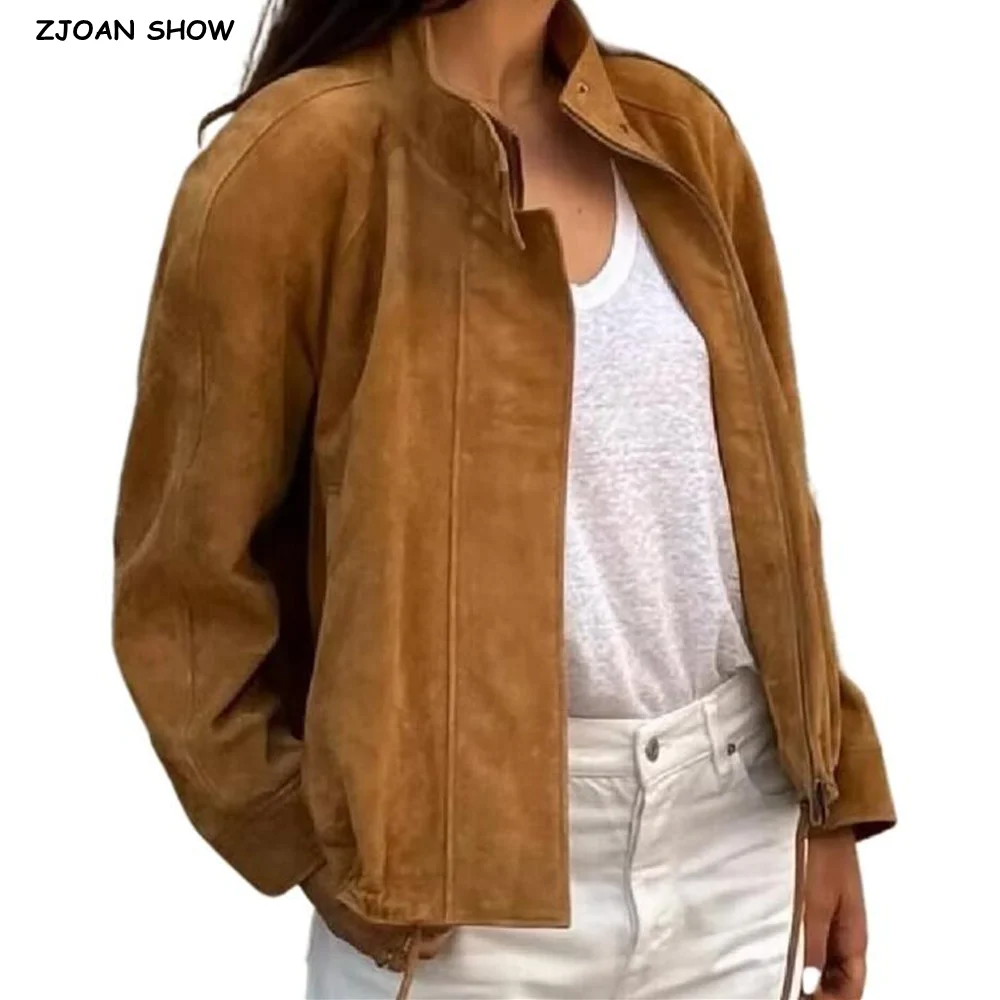 

2025 винтажное женское короткое пальто с воротником-стойкой на молнии из искусственной замши, пальто с длинными рукавами реглан, веревка, шнурок, подол, верхняя одежда, куртка сафари