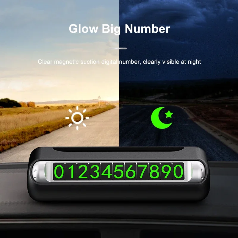 Car Parking Number Plate Luminous Auto Parking Card Solar Charging Temporary Stop Phone Number Card Safety Hammer Car Accessory