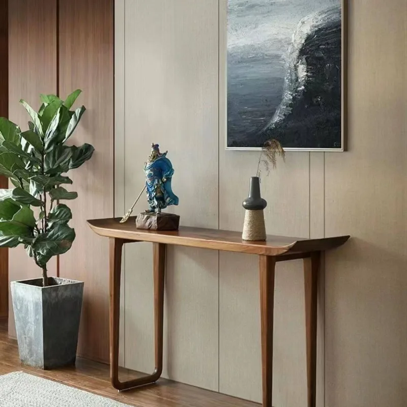 New Chinese Style Console Table, Solid Wood Wall Lean Desk for Entryway, Long Reception Stand for Hotel & Home Hallway