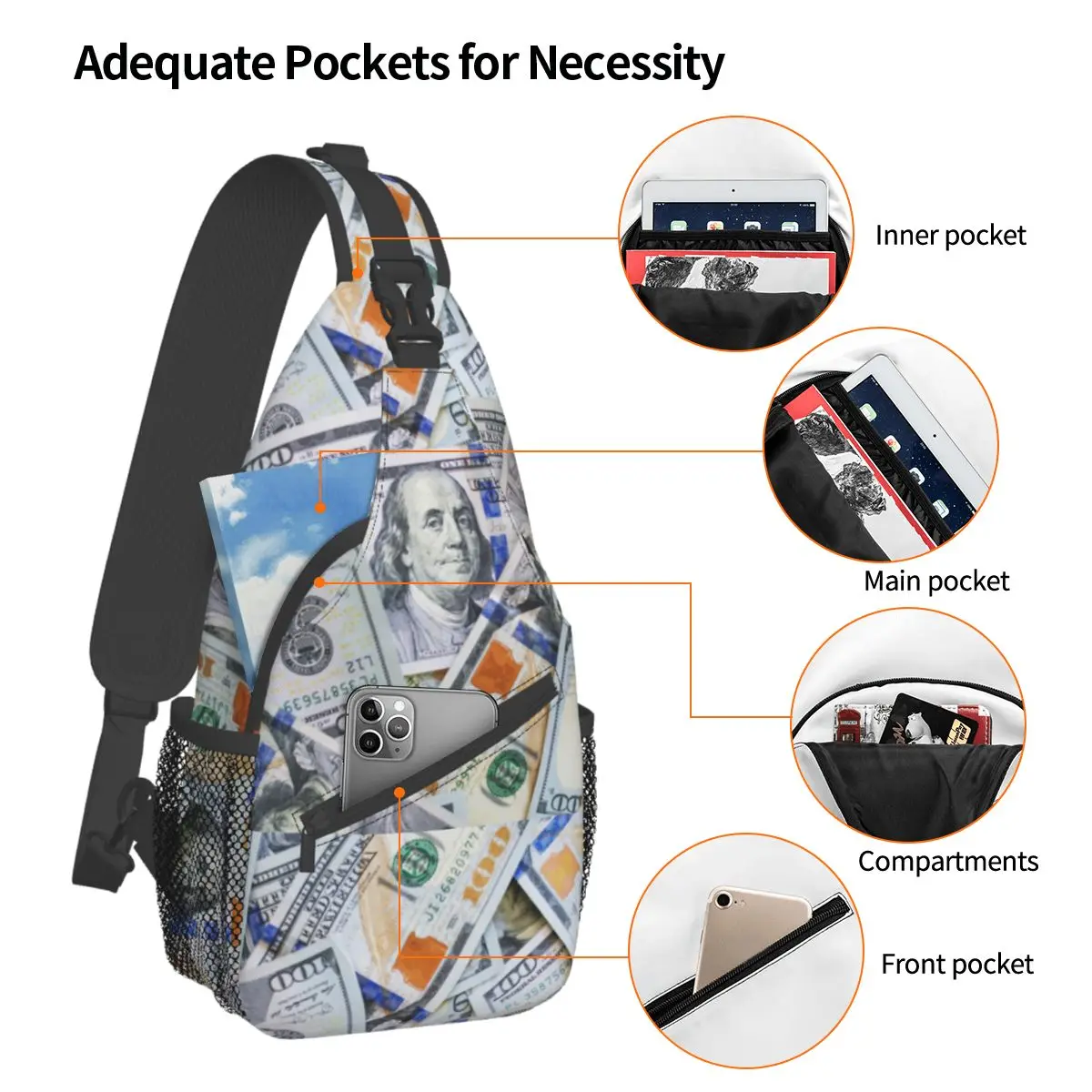 Dollar Crossbody Sling Bags, Saco Peito Pequeno, Mochila de Ombro Dinheiro, Mochila para Viagem, Caminhadas, Mochila Esportiva