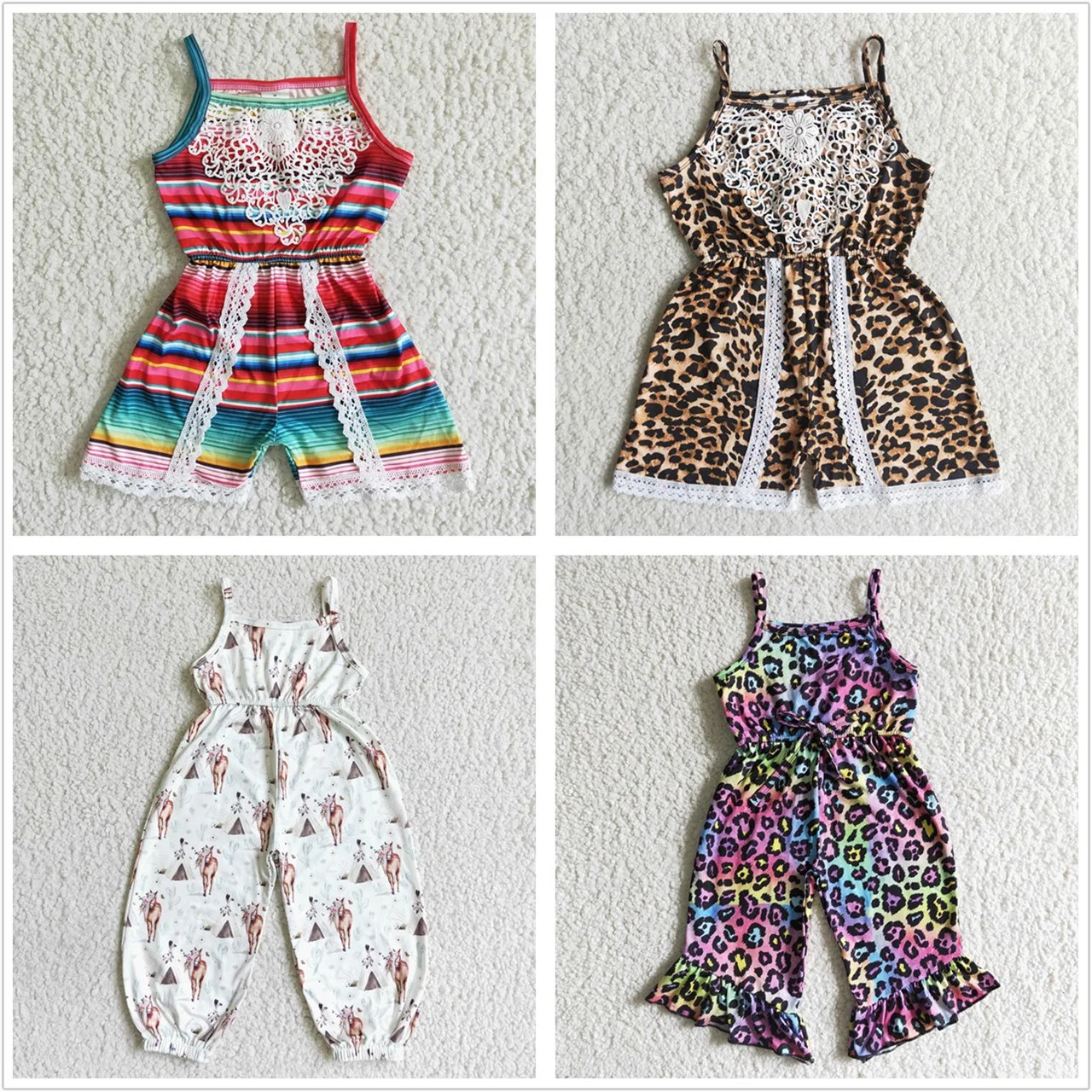 Wholesale Baby Girl Sleeveless Jumpsuit Toddler Children Leopard Stripes Kids Infant Overalls Straps Bodysuit Clothing