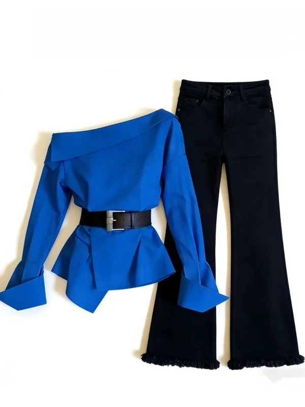 

Ele Summer New Sle Women's Faion Set with Diagonal oulder Long Sve irt And Versatile Pants Two-Piece Suit