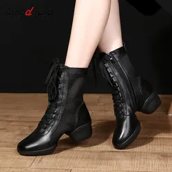 Zapatos de baile cuadrados para mujer, botas cortas frescas de malla de cuero, al aire libre zapatillas de baile, zapatos de baile de jazz modernos, botas de baile de verano