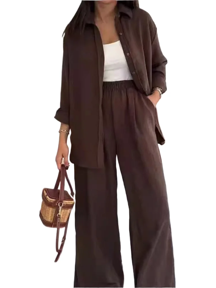 

2025 Autumn Solid Color Commute Two Piece Set Women Long Sleeve Shirt & Wide Leg Pants Outfit Chic Sexy Lapel Button Casual Suit