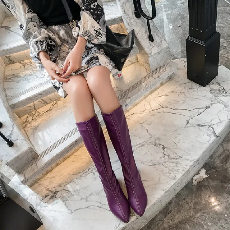 

2025 Brand New Fashion Pink Beige Women Knee High Nude Boots Med Square Heels Lady Riding Shoes Plus Big Size 46