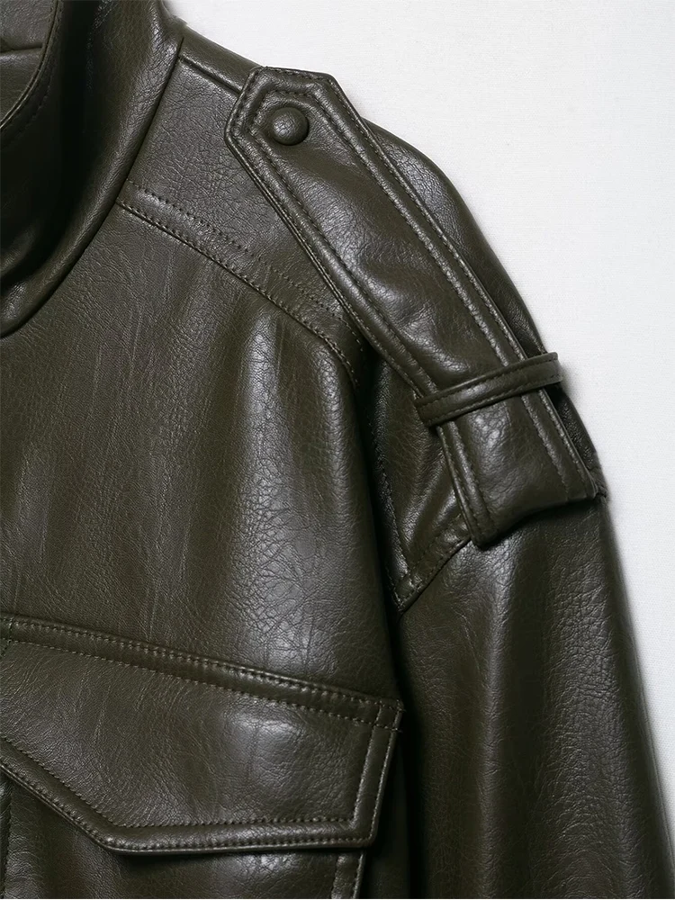 Chaqueta ajustada de piel sintética para mujer, chaquetas recortadas con cremallera de PU, abrigo Bomber informal con bolsillo para primavera y otoño, ropa de calle para discoteca para mujer