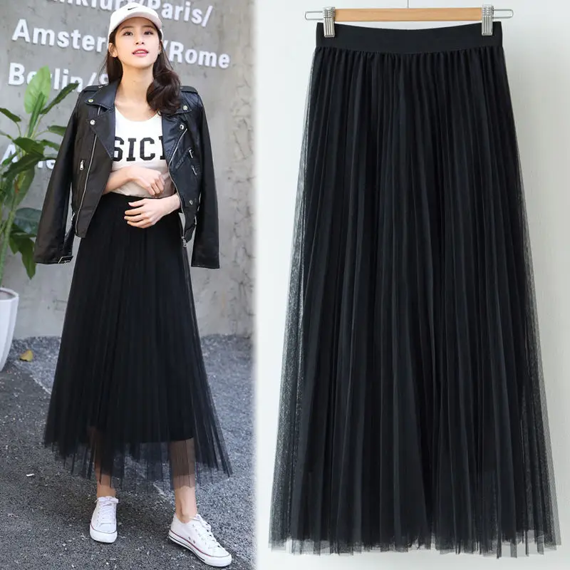 

2025 Spring and Summer Mesh Pleated Skirt High Waist A-line Skirt Pleated Waist-hugging Midi Skirt