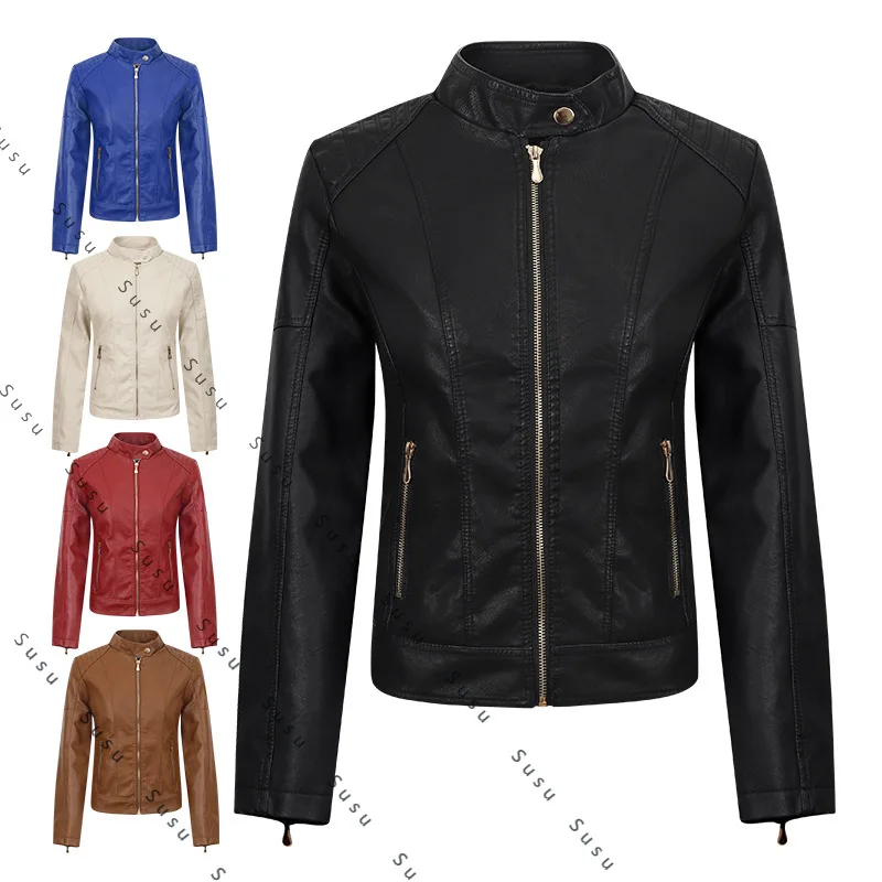 

2025 new velvet women's leather jacket women's slim locomotive suit straight zipper women's leather jacket