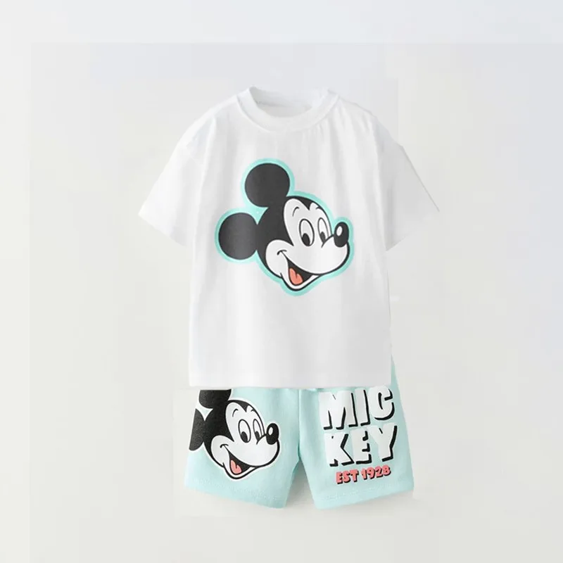 Short Sleeve Tshirt Tracksuits Casual Mickey Print Tees +shorts Summer New Cartoon Full Print 2 Piece Sets Toddler Cute Clothing