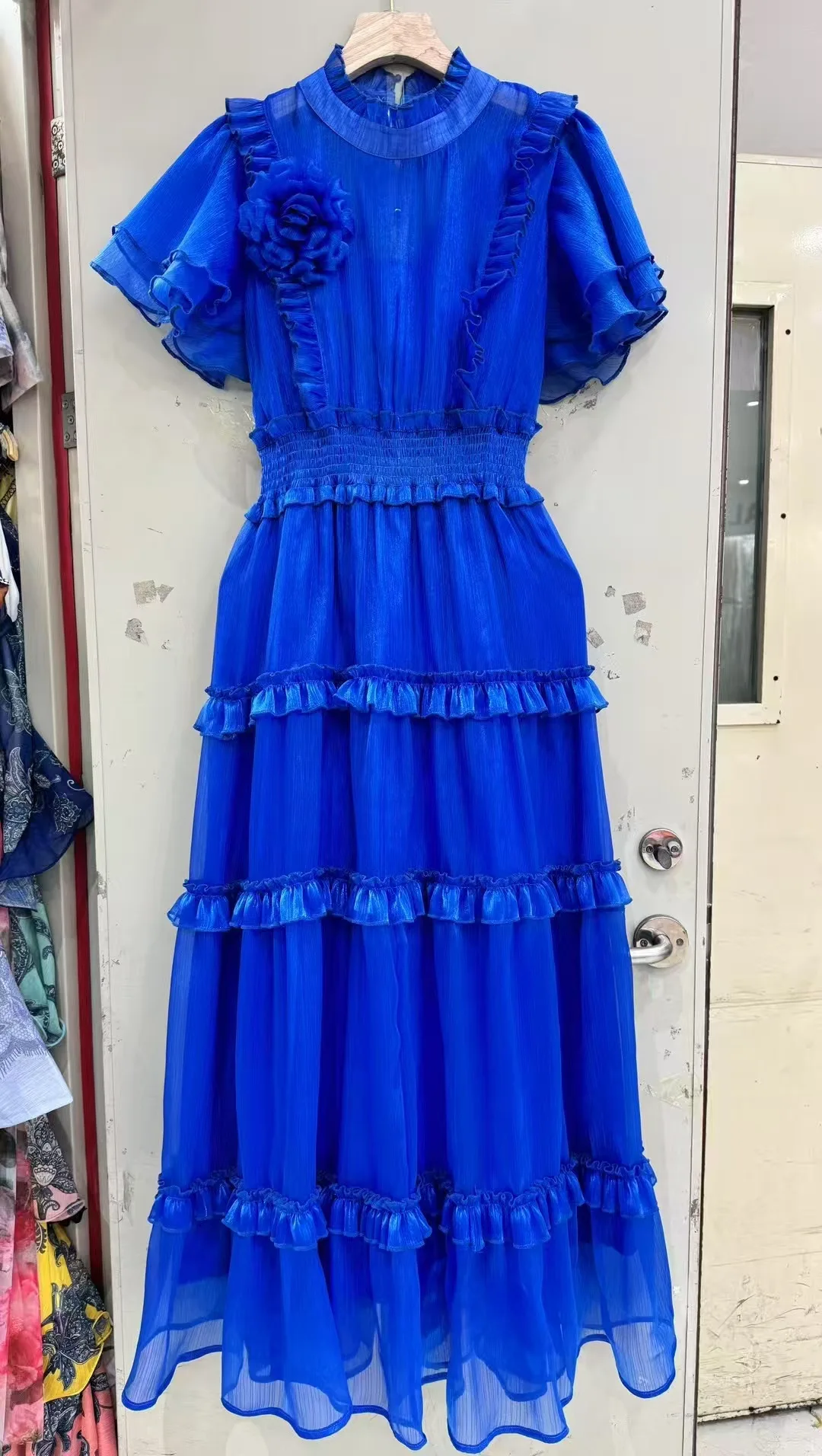 

2025 Spring and Summer New Round Neck Lotus Sleeve Wooden Flower Elastic Waist Long Skirt Blue Dress-GZDL113